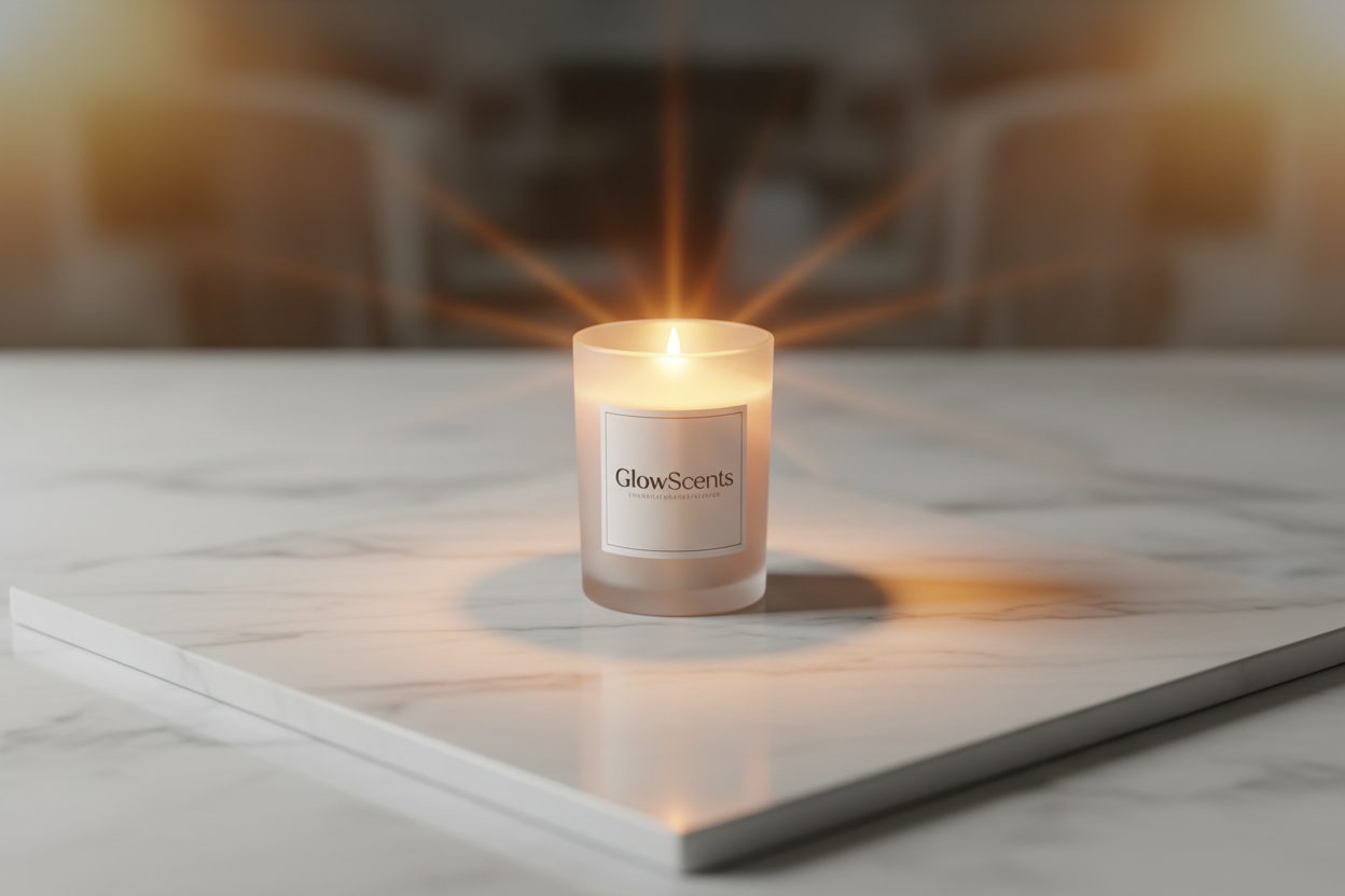 A minimalist product photography scene featuring a sleek glass candle labeled ‘GlowScents’, softly glowing on a marble surface, surrounded by warm golden light, shallow depth of field, elegant composition, modern luxury aesthetic